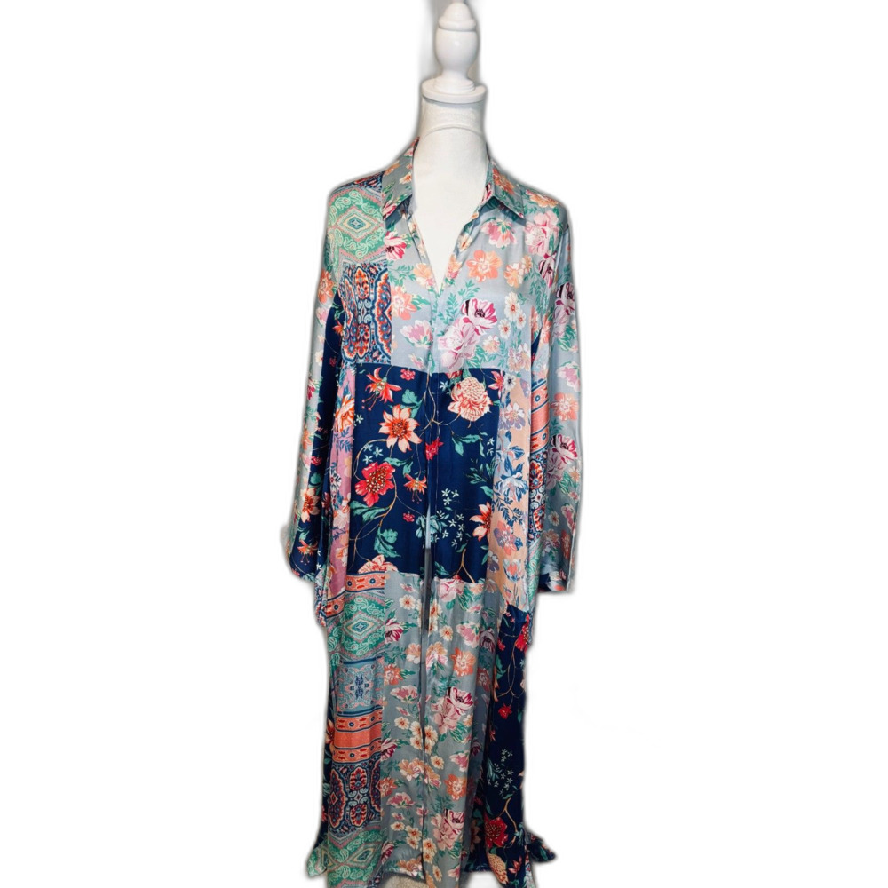 Tolani NWT Patchwork Floral Paisley Button-Up Tunic Top Silky Sateen Long Sleeve